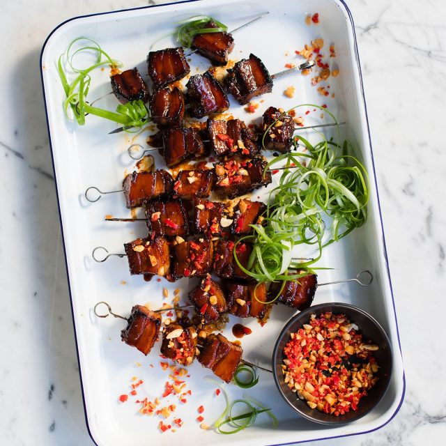 Sticky Pork Belly Skewers with Peanuts and Chilli