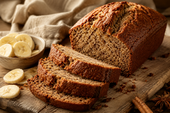 Freshly sliced banana and mixed spice loaf displayed on a rustic wooden board, featuring a golden-brown crust, soft crumb, and warm natural lighting.