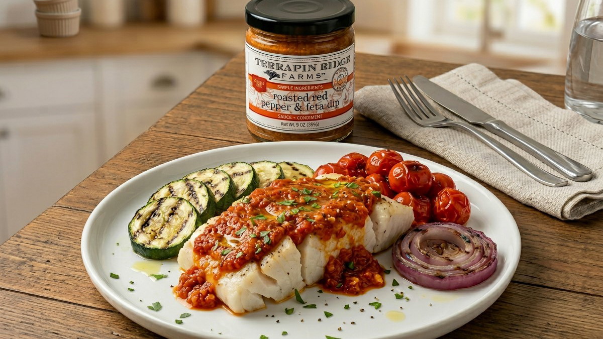 Image of Baked Cod with Roasted Red Pepper & Feta Dip and Mediterranean Vegetables