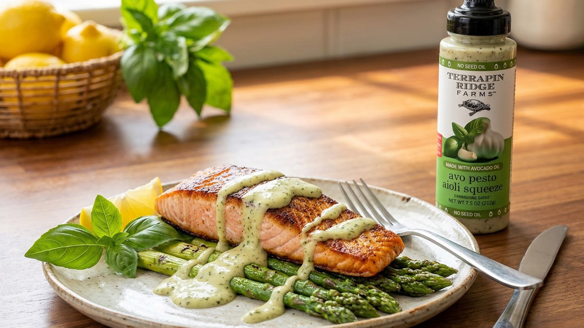 Image of Avo Pesto Aioli Salmon with Asparagus