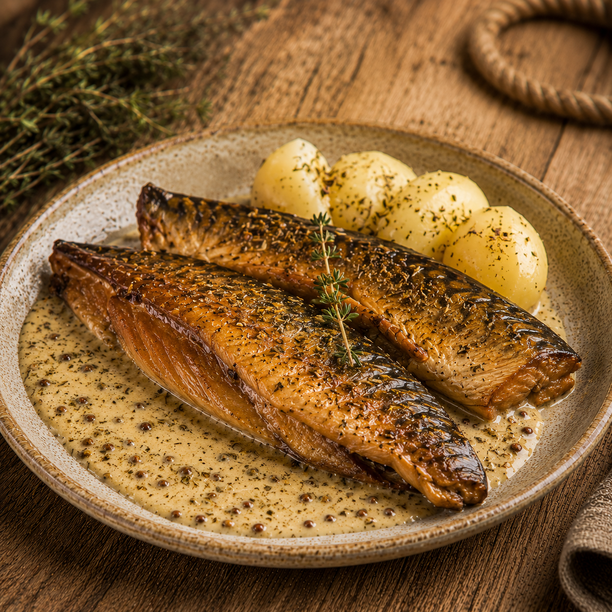 Buttermakrelen mit Kräutern der Provence und Senfsauce