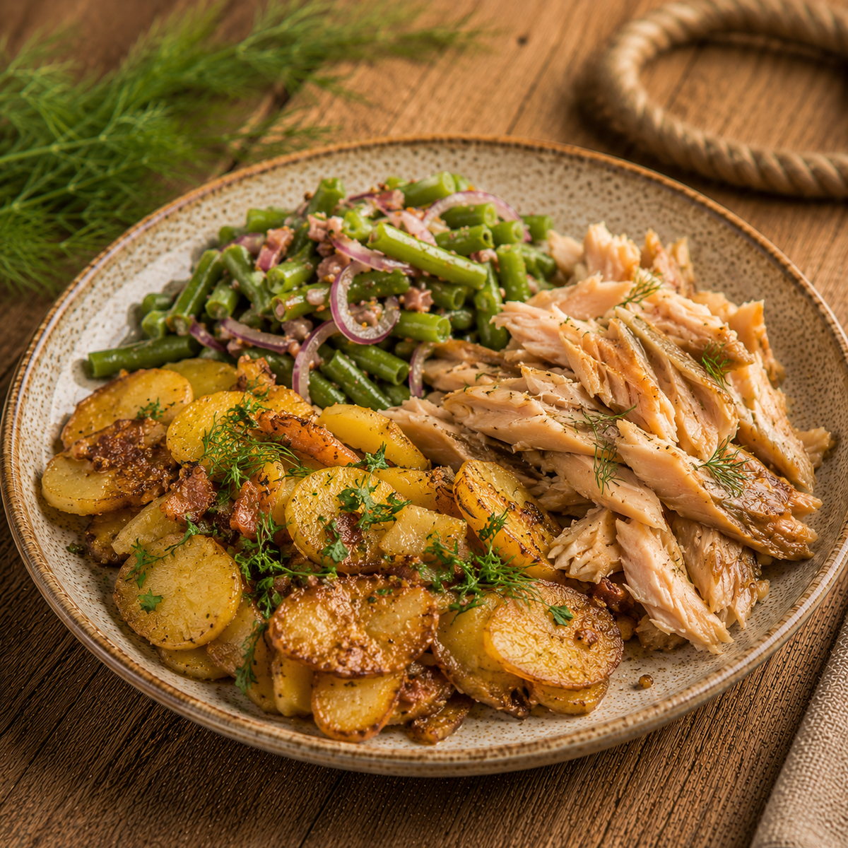 Bratkartoffeln mit Bohnensalat und geräucherter Forelle