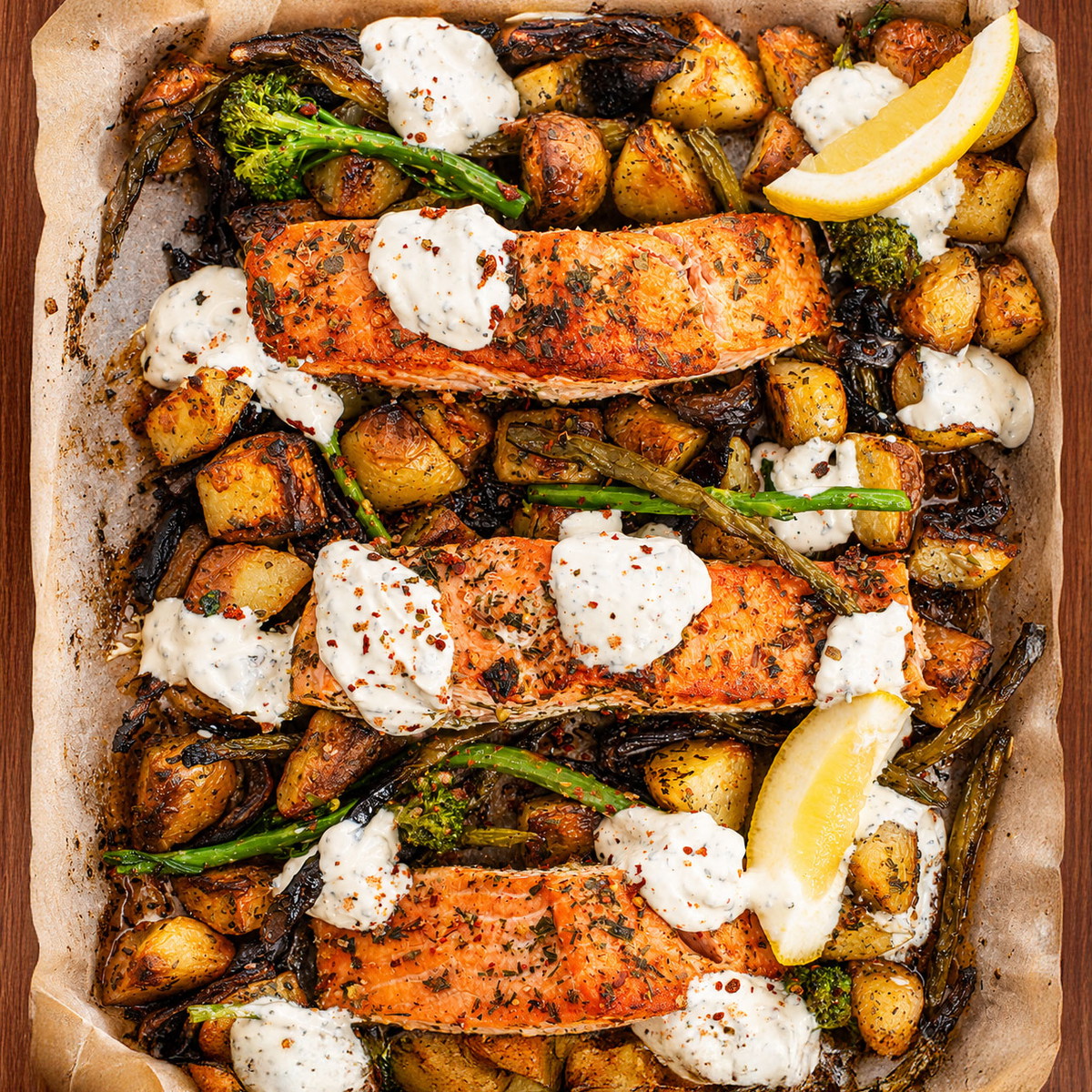 Salmon Tray Bake with French Kiss Dip