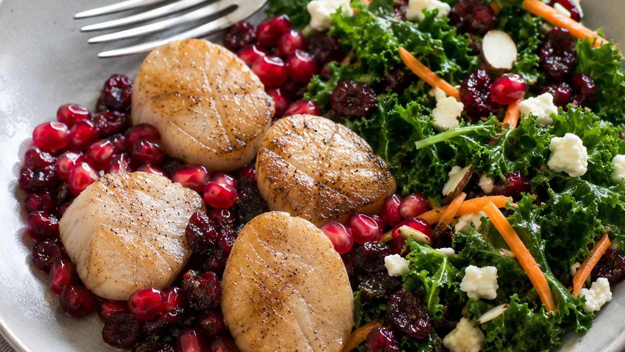 Image of One Pan Maple Balsamic Glazed Scallops with Pomegranate
