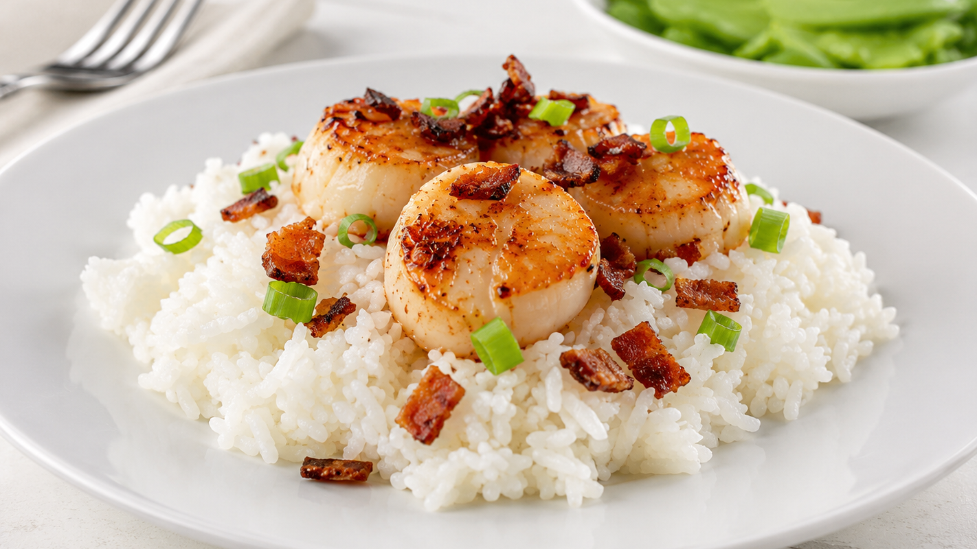 Image of BBQ Scallops & Bacon Over Jasmine Rice