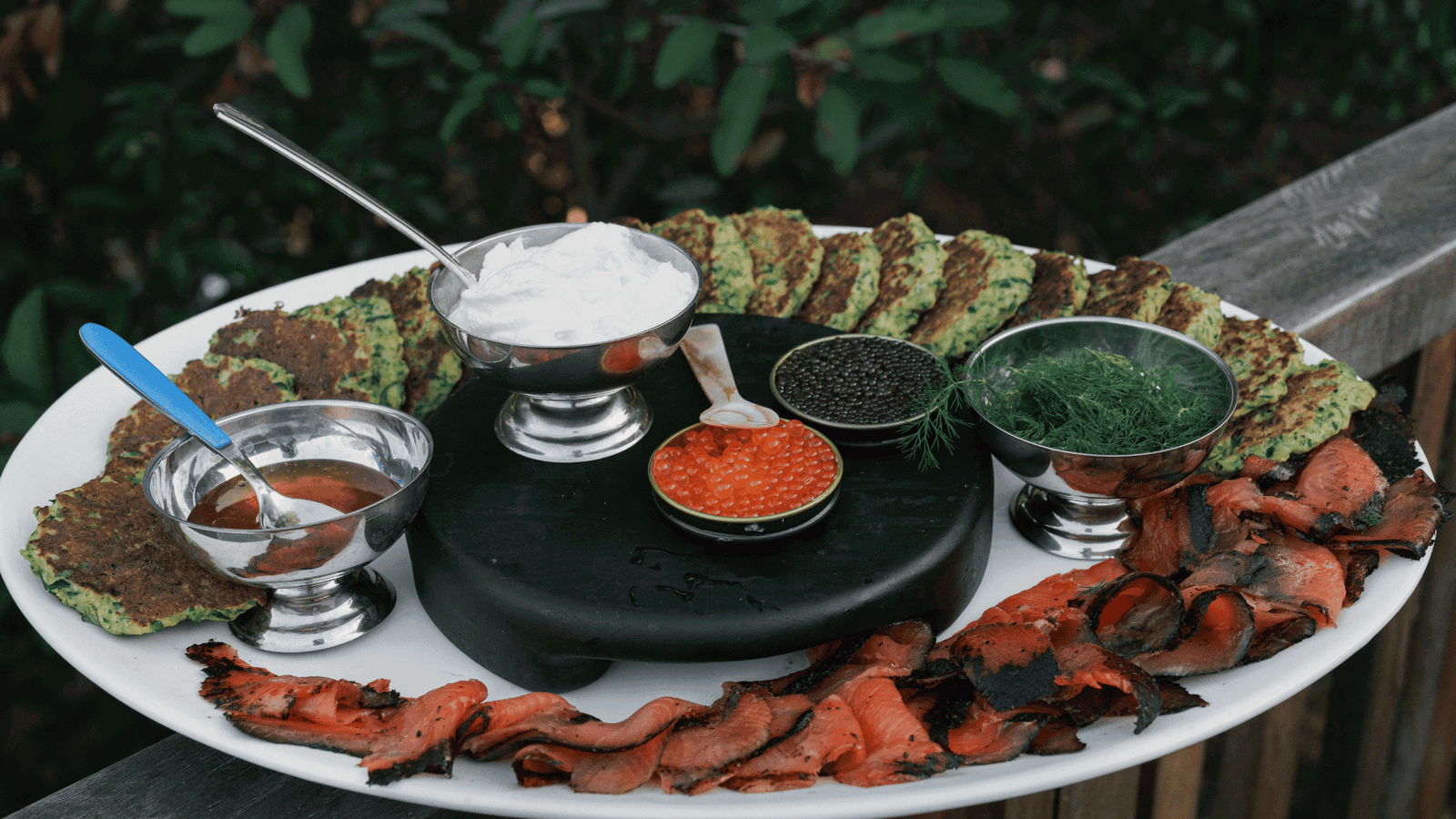 Image of Courgette Fritters with Pastrami Smoked Lox and Hot Honey