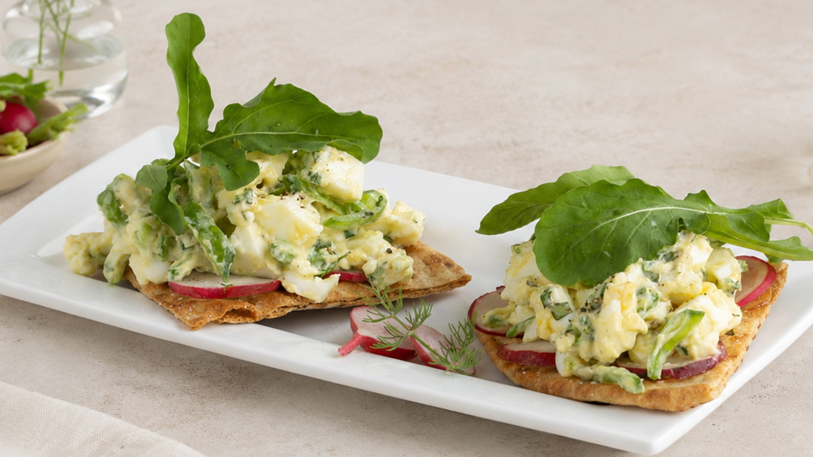 Egg Salad with Snap Peas & Radishes on Pita Crisps recipe using Culinary Genie Salt-Free Garden Herbs Seasoning Blend