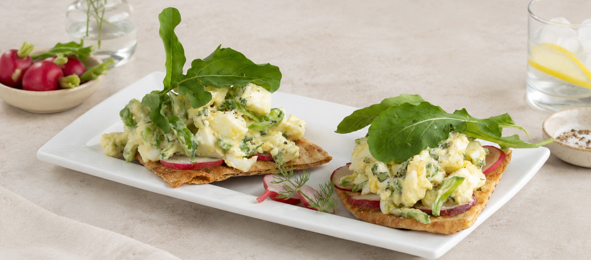 Egg Salad with Snap Peas & Radishes on Pita Crisps