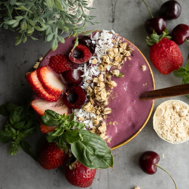 Image of High-Protein Strawberry Cherry Basil Smoothie Bowl (31g Protein)