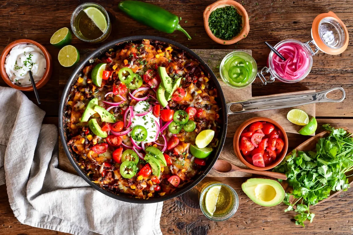 Beef, Black Bean & Poblano Skillet Enchiladas