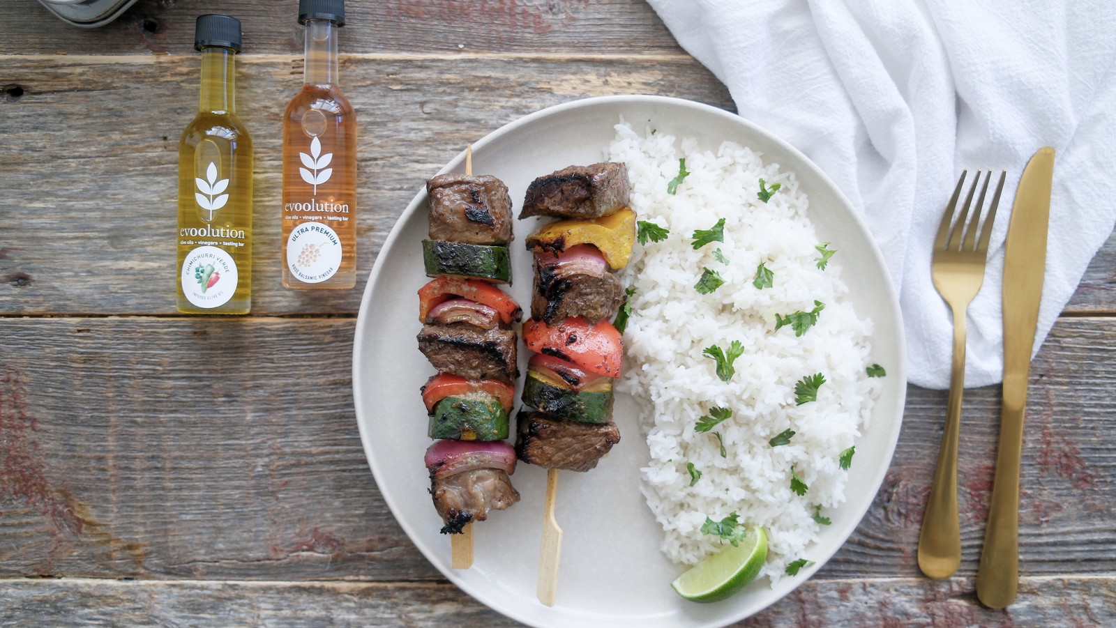 Image of Spicy Steak and Vegetable Skewers with Chimichurri Verde Olive Oil and Rosé Balsamic