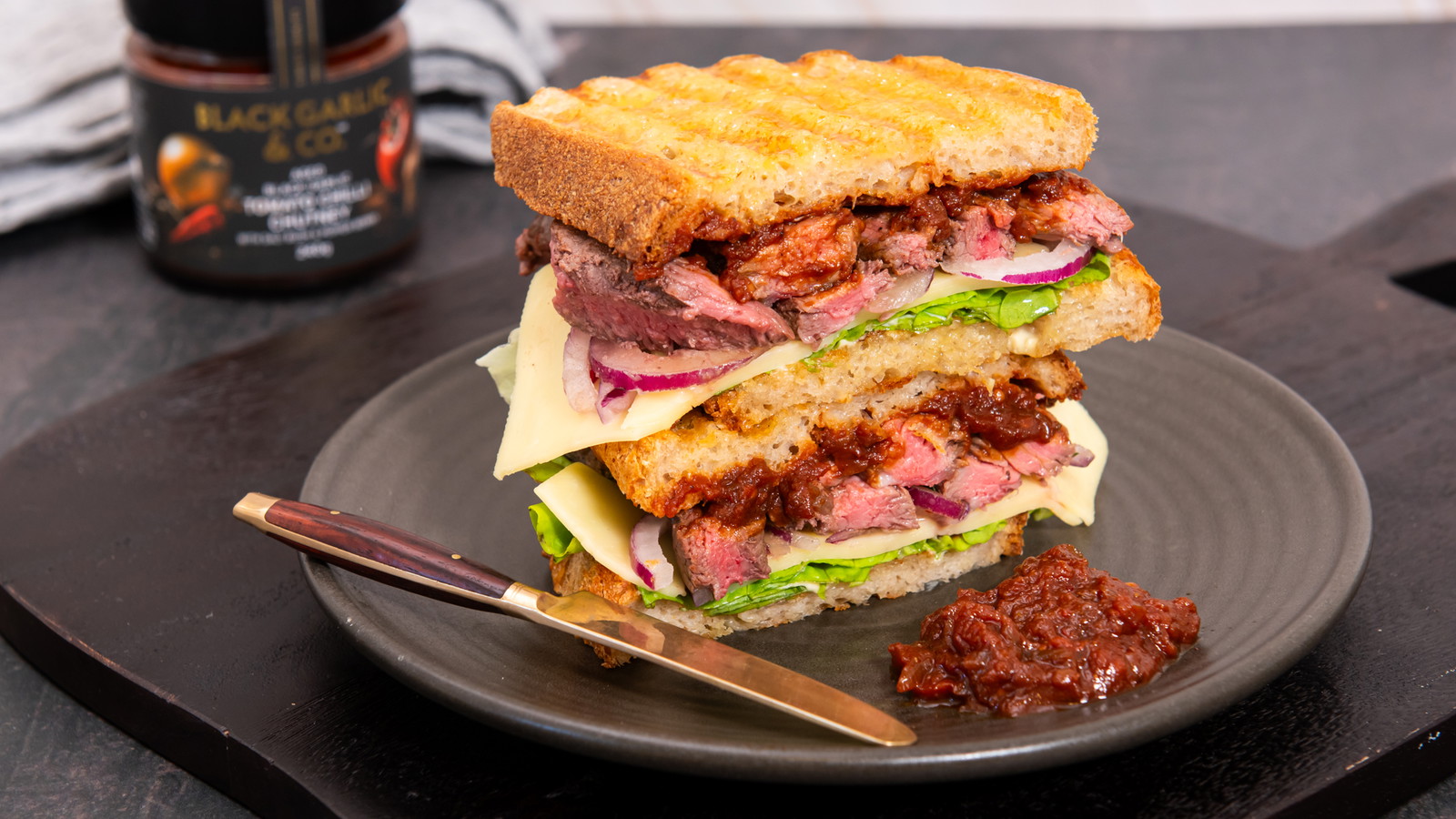 Image of Steak Sandwich with Black Garlic Tomato Chilli Chutney