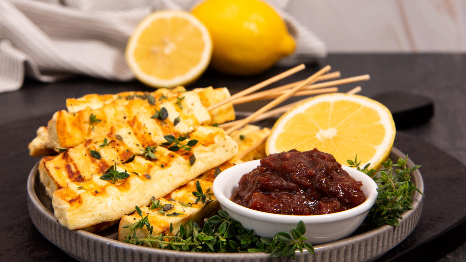 Image of Lemon Thyme Haloumi Skewers with Black Garlic Tomato Chilli Chutney