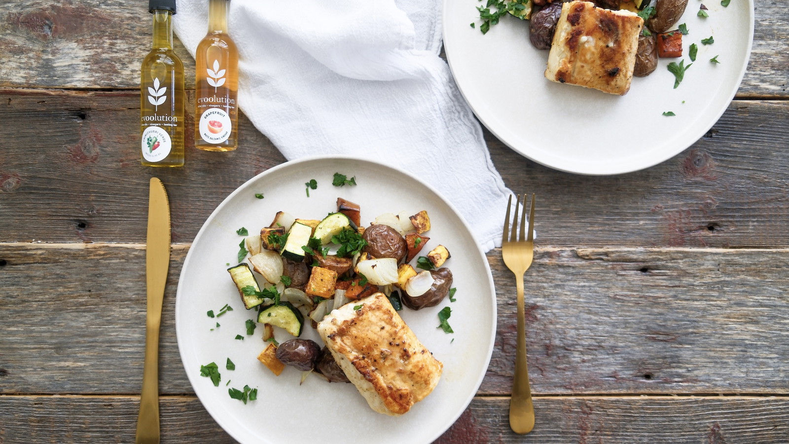 Image of Whitefish and Roasted Veggies with Chimichurri Verde Olive Oil and Grapefruit Balsamic