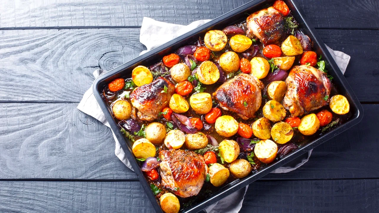 Image of Crispy Maple-Chili Chicken with Roasted Veggies & Chickpeas
