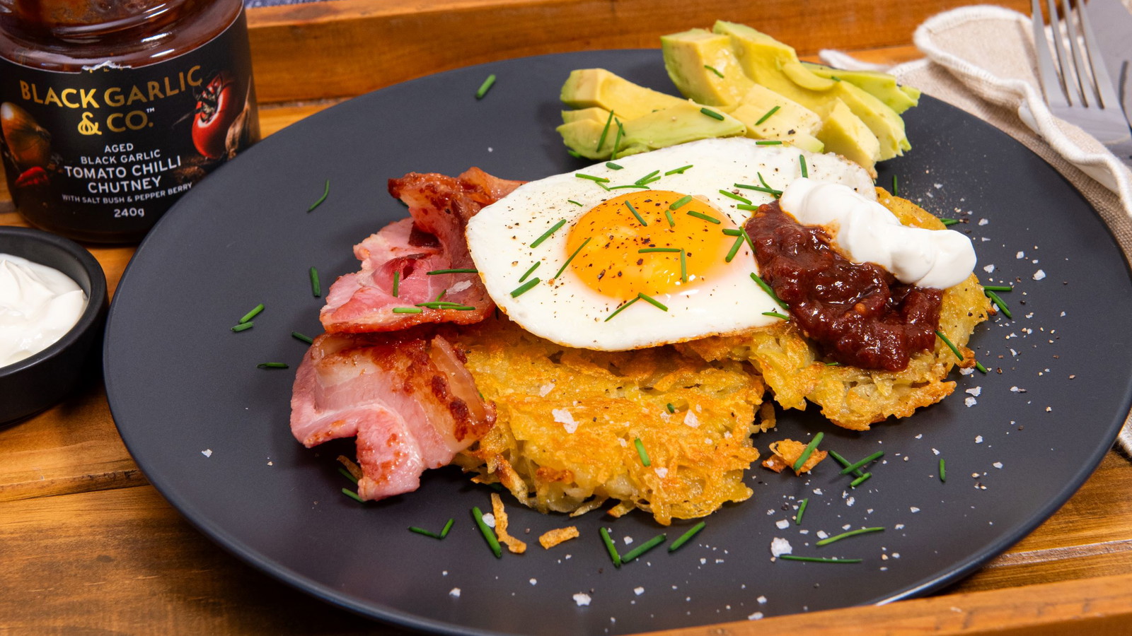 Image of Potato Rosti Big Breakfast with Black Garlic Tomato Chilli Chutney