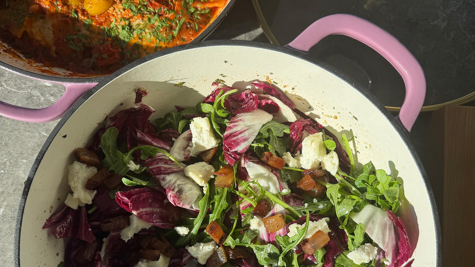 Image of FRA' MANI X JOE SASTO RADICCHIO & ARUGULA SALAD WITH GUANCIALE VINAIGRETTE AND MARINATED GOAT CHEESE