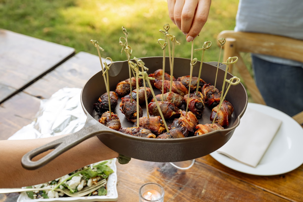 The Best Cast Iron Goat Cheese Stuffed Bacon-Wrapped Dates