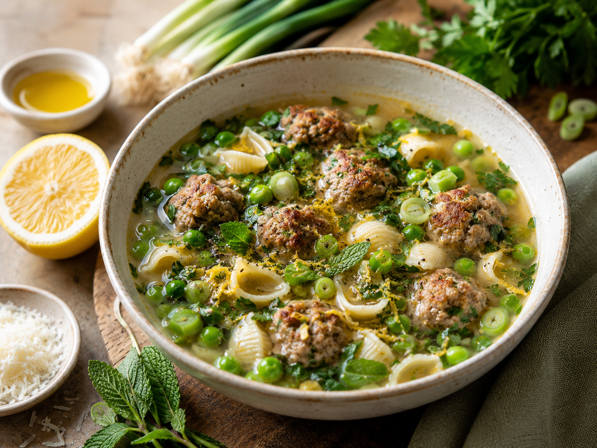 Lemony Meatball, Pea & Pasta Broth