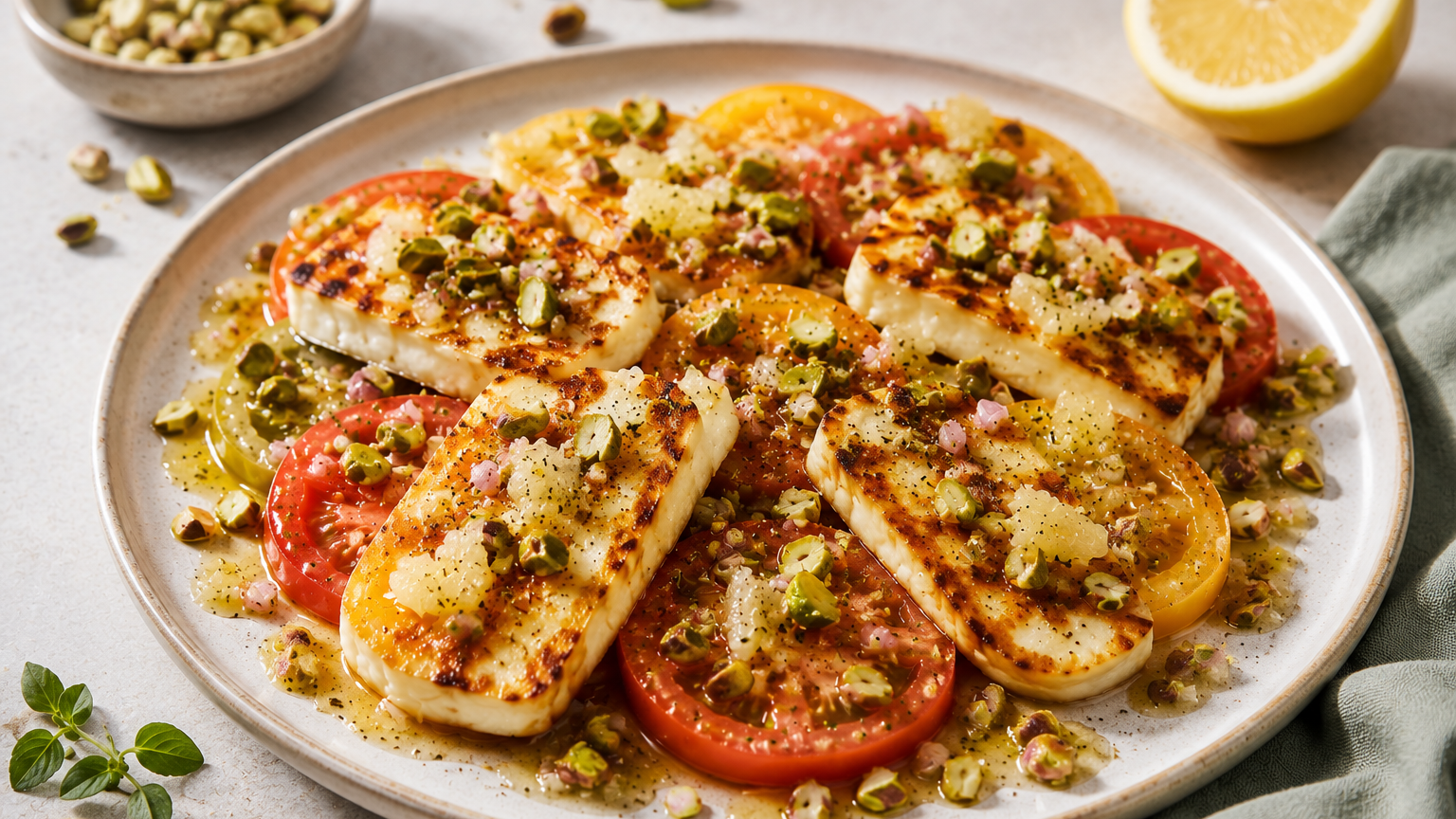 Image of Salade de tomates et de pistaches au halloumi grillé
