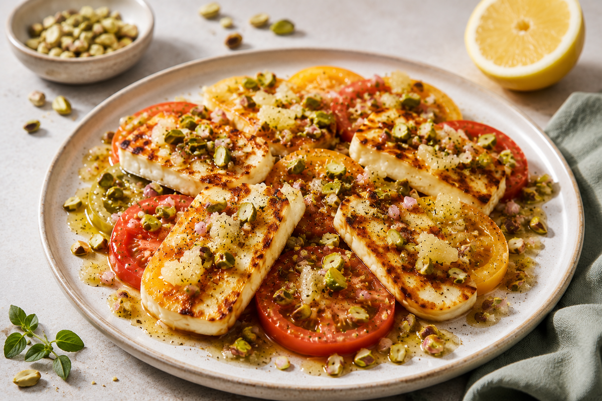 Salade de tomates et de pistaches au halloumi grillé