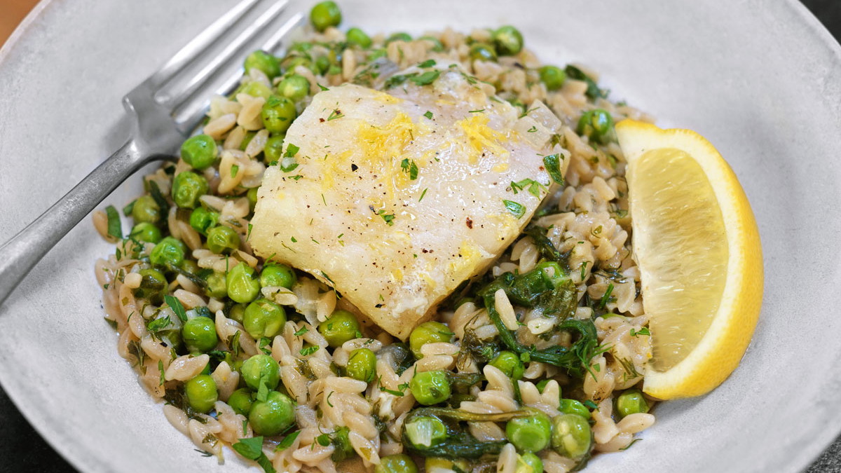 Wild-Caught Cod with Orzo & Peas