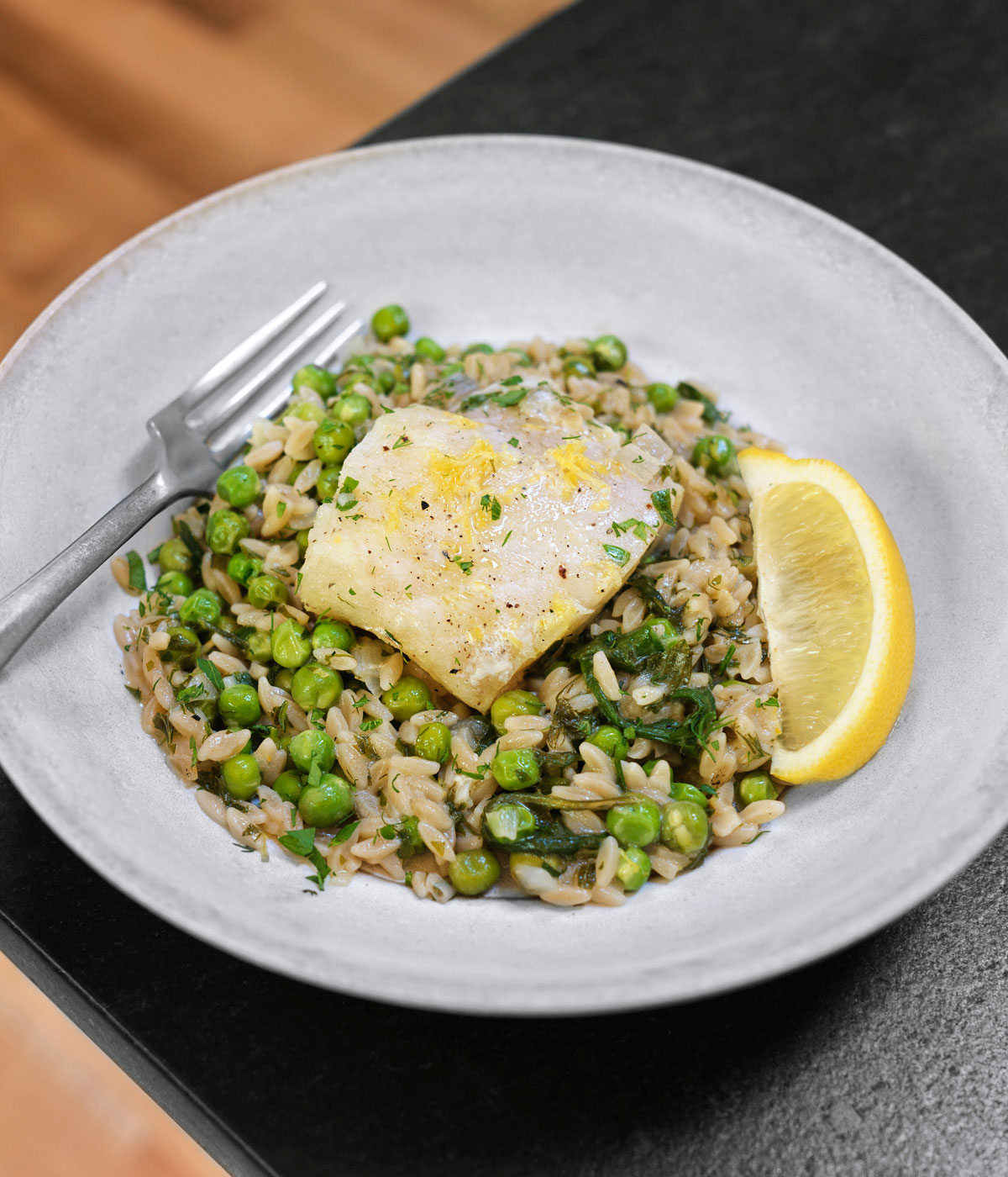 Wild-Caught Cod with Orzo & Peas