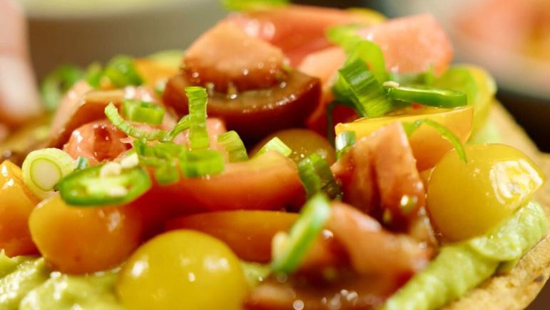 Heirloom Tomato Tostadas with Avocado Purée