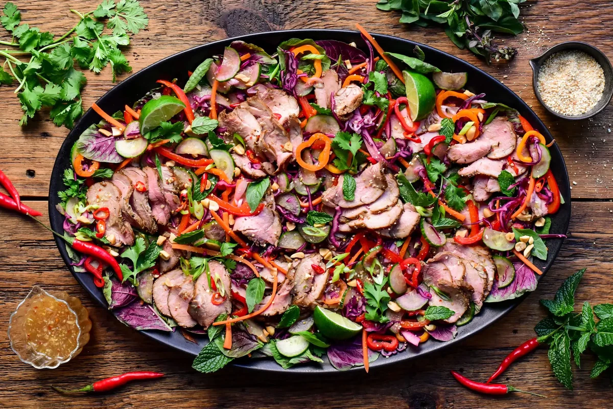 Spicy Thai Pork Tenderloin Crunchy Herb Salad