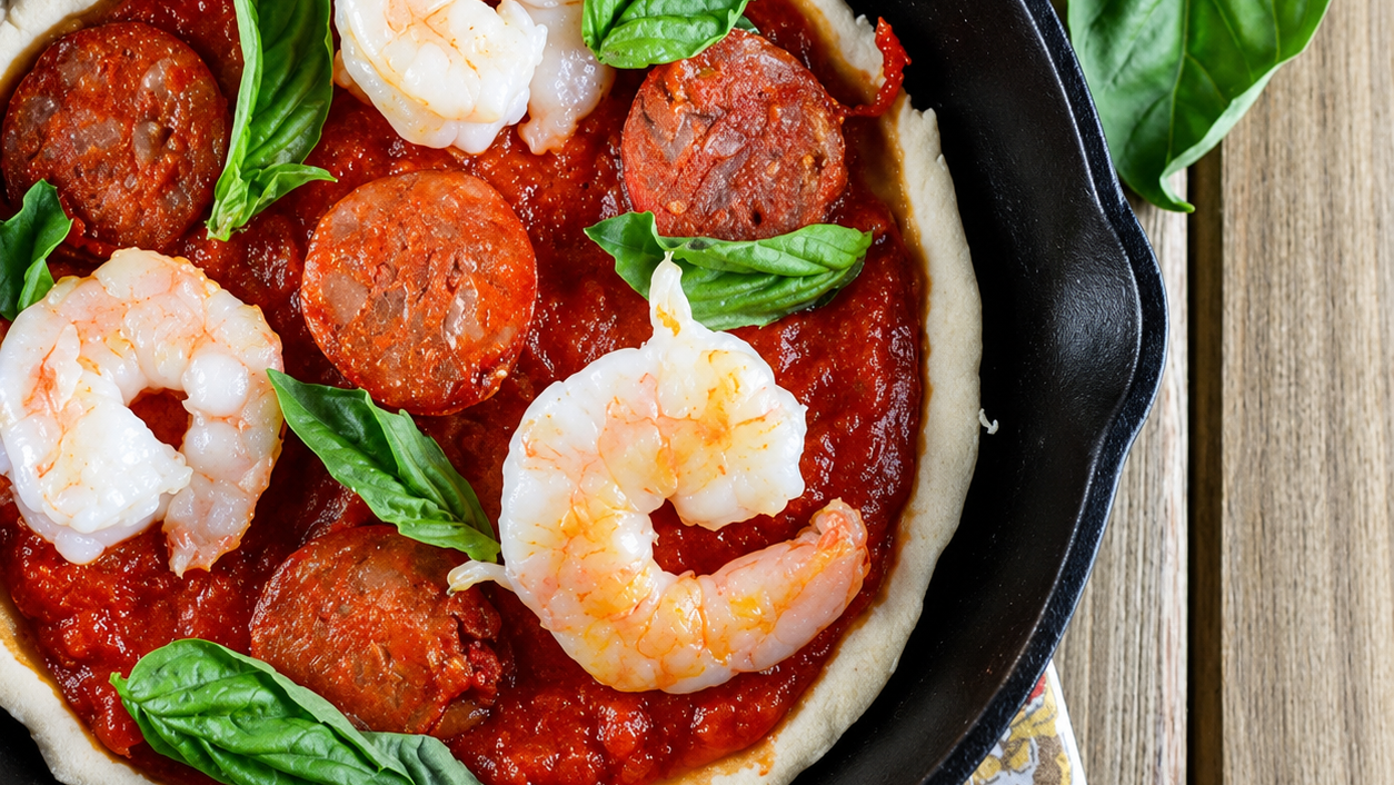 Image of Paleo Shrimp & Chorizo Cast Iron Pizza