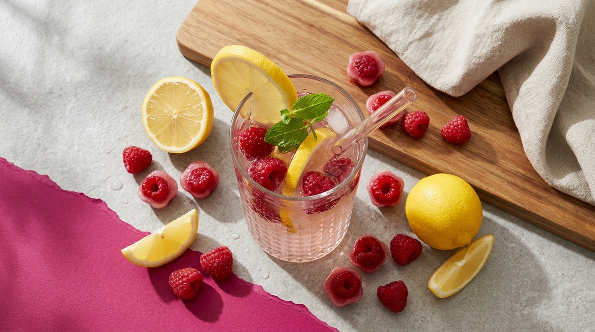 Eiswürfel mit Himbeerfruchtpulver