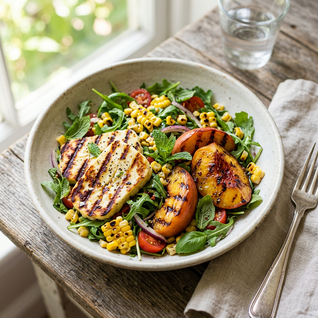Image of grilled halloumi and peach salad with mojo vinaigrette