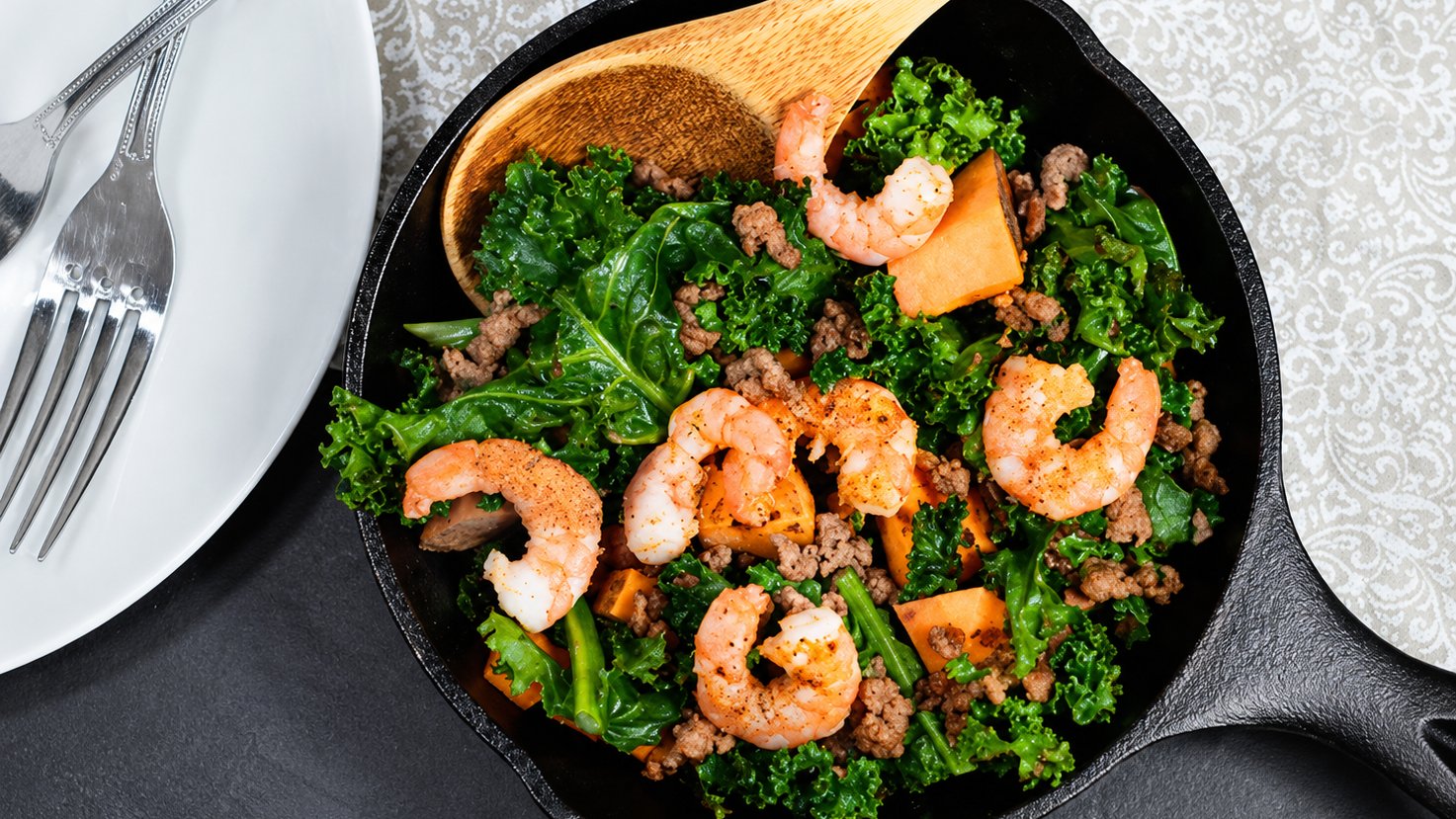 Image of Kale, Sweet Potato, Chorizo & Shrimp Hash