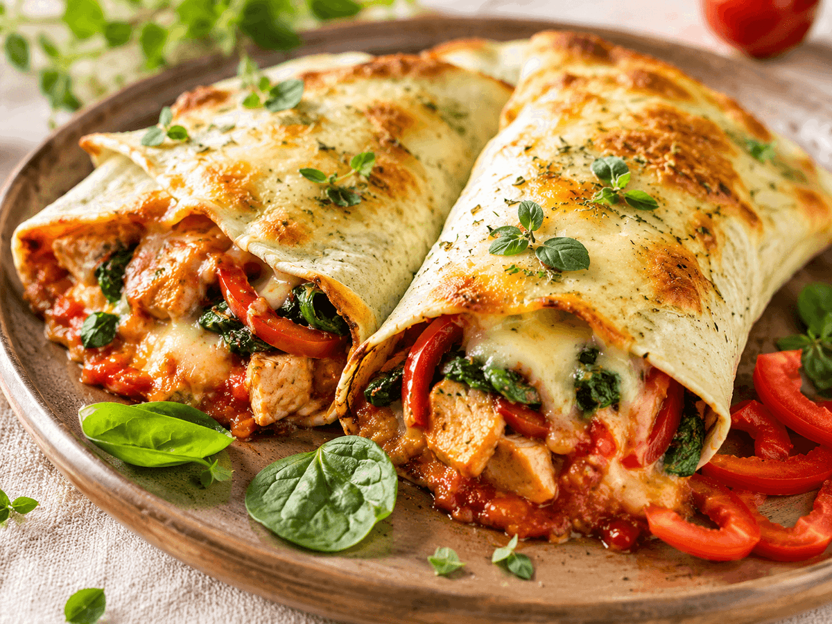 Gegratineerde wrap met kip, paprika en mozzarella