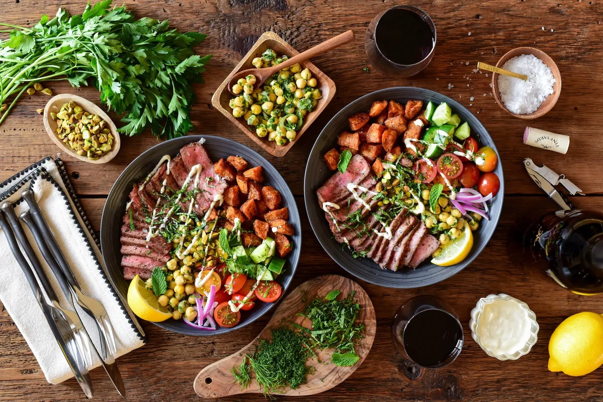 Mediterranean Steak Bowls with Sweet Potato