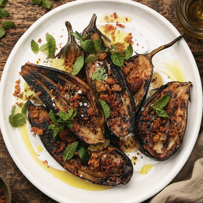 Image of roasted baby eggplant with whipped feta & garlic crumbs