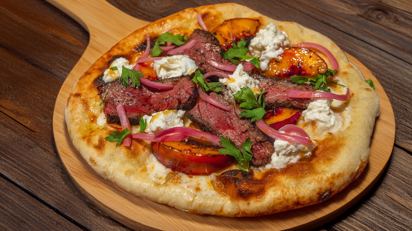 Grilled Bavette Flatbread with Peaches & Burrata
