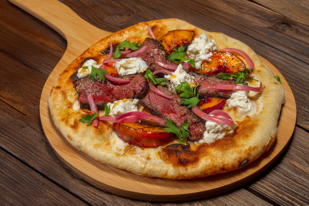 Grilled Bavette Flatbread with Peaches & Burrata