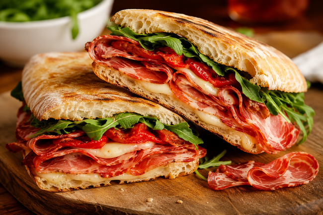 Image of Hot Coppa Panini with Roasted Peppers, Provolone & Arugula