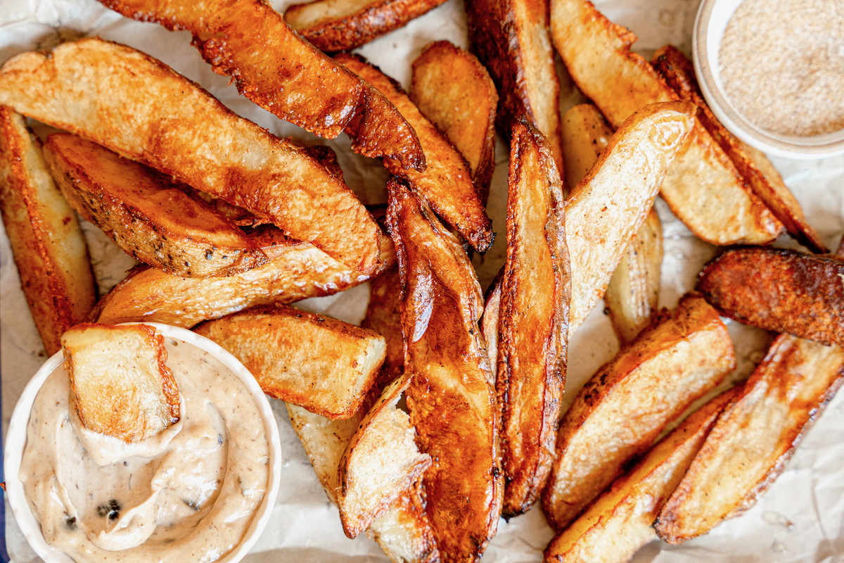 Chicken Salt Potato Wedges with Black Garlic Aioli