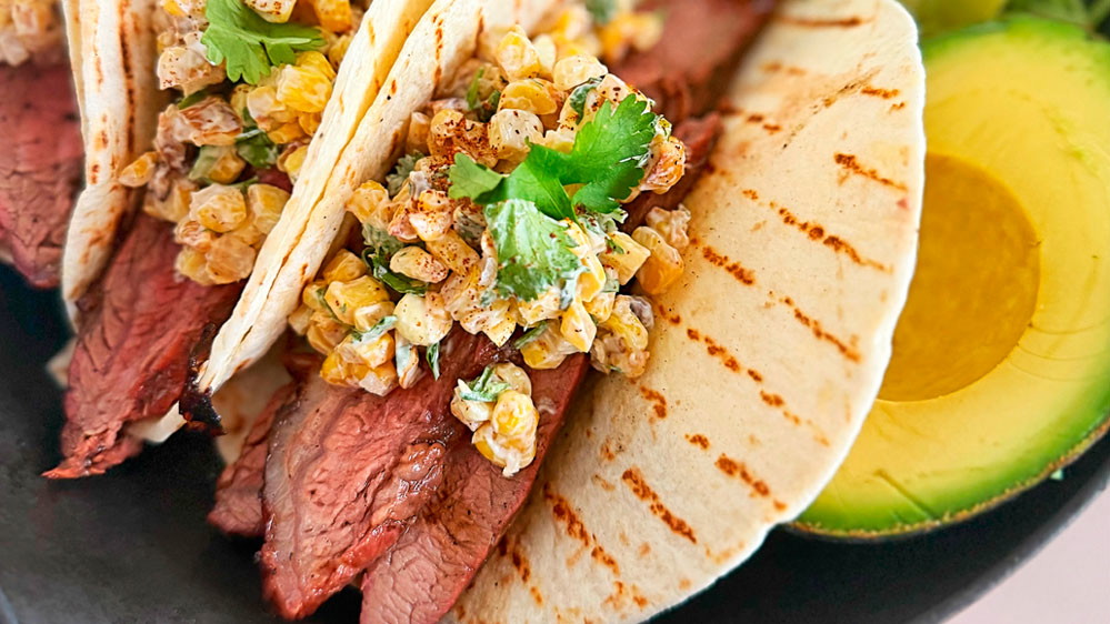 Marinated Flank Steak Elote Tacos