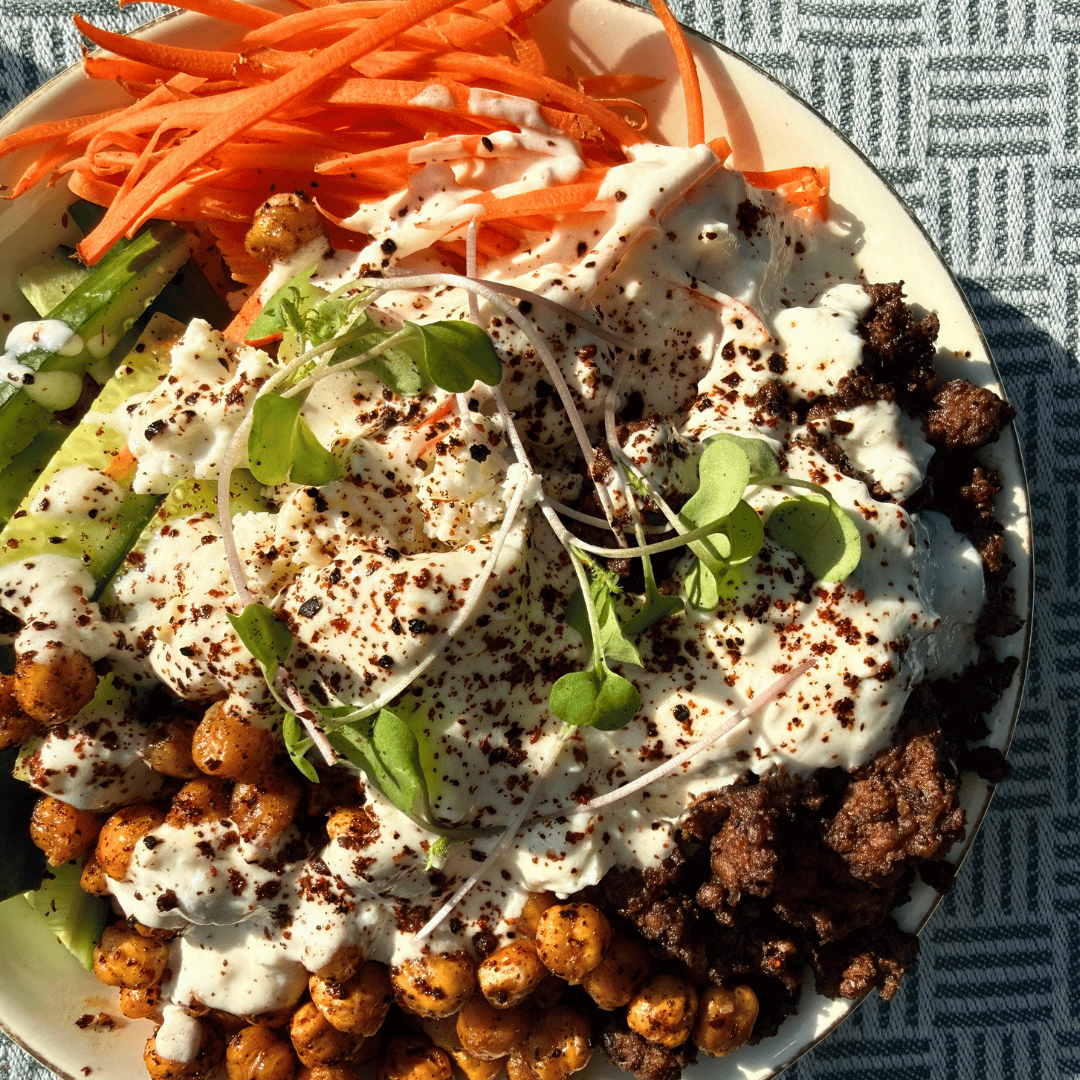 Kebab Spiced Ground Beef Bowl with Crispy Chickpeas