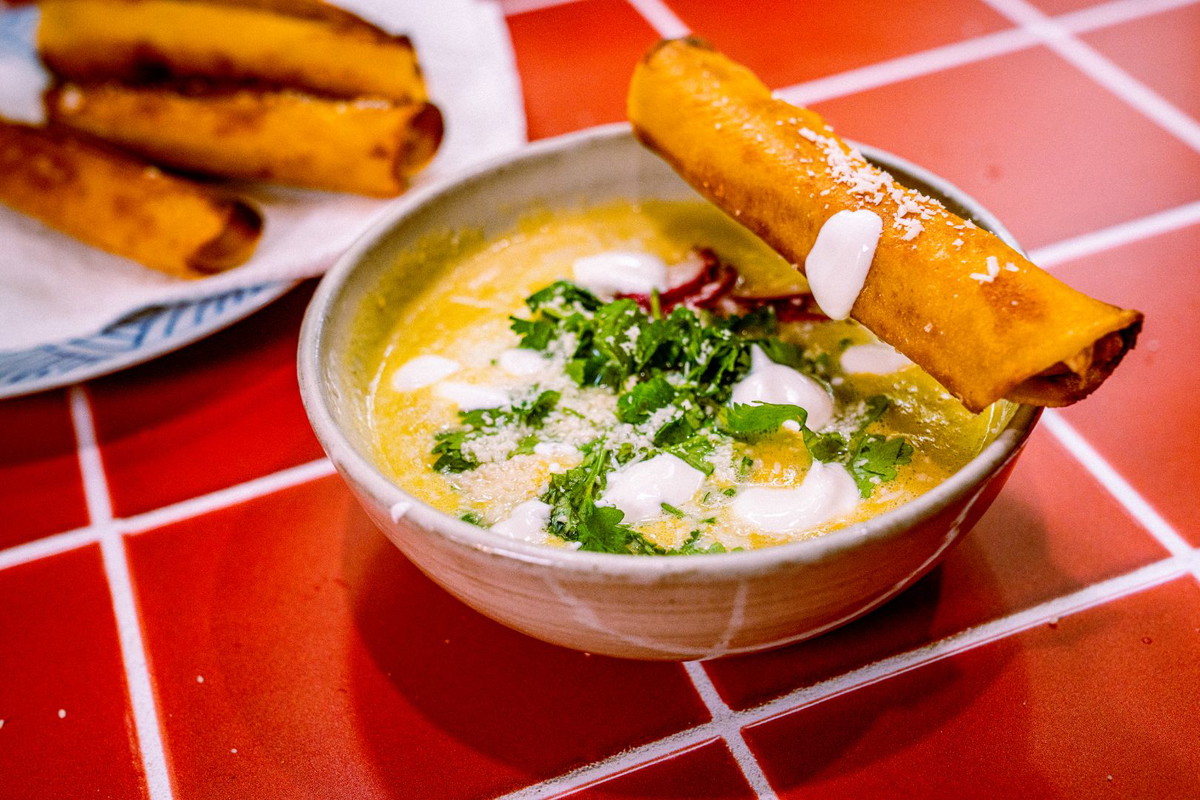 Chilled Corn Soup with Crispy Chicken Flautas