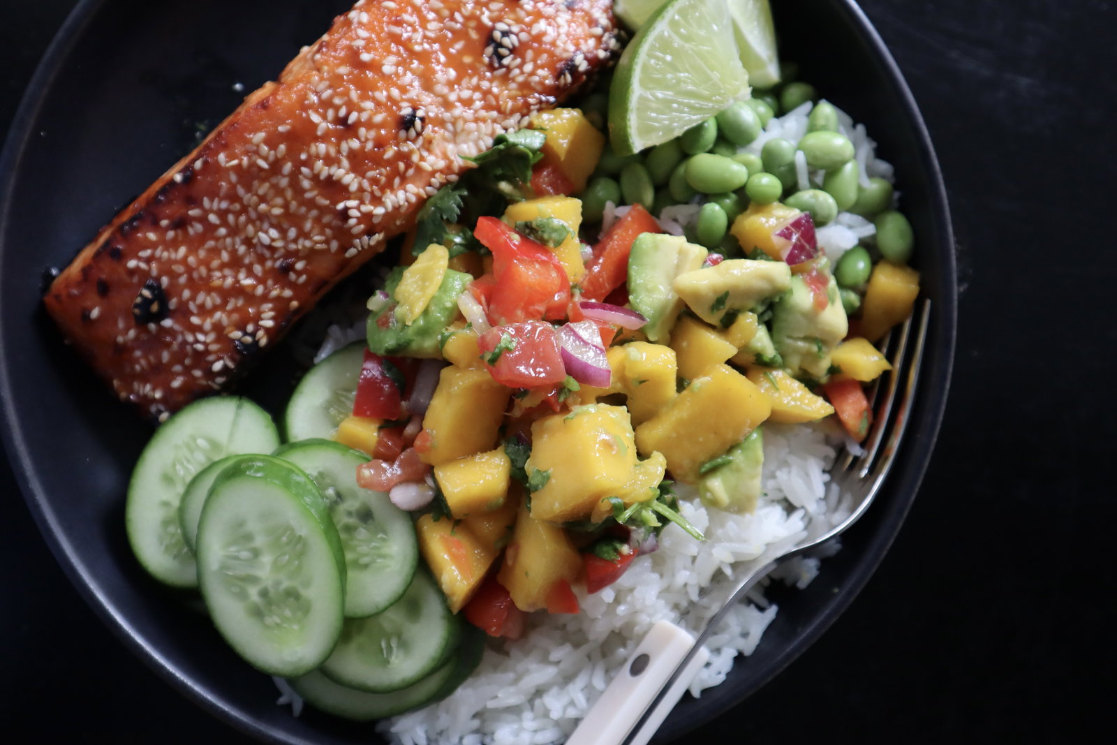 Image of Hot Honey Salmon Bowls with Mango Salsa