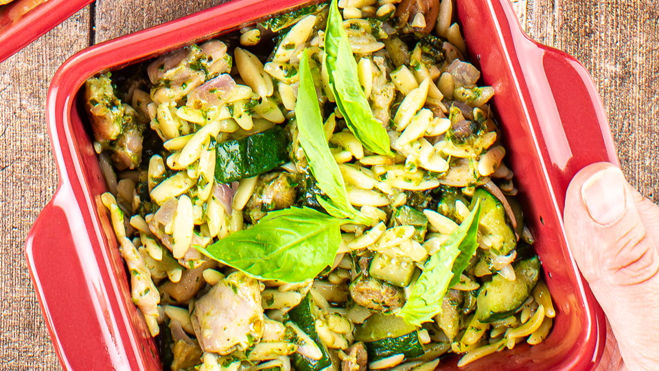 Creamy Pesto Chicken Orzo Casserole (with Zucchini)