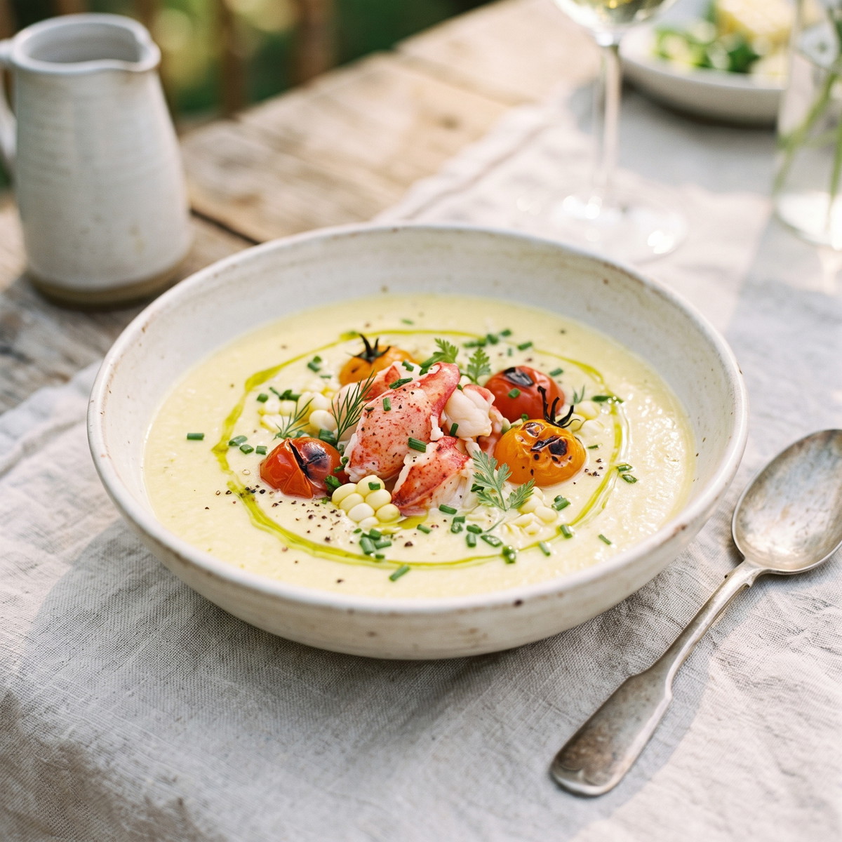 Summer Corn Gazpacho with Smoky Tomatoes & Lobster