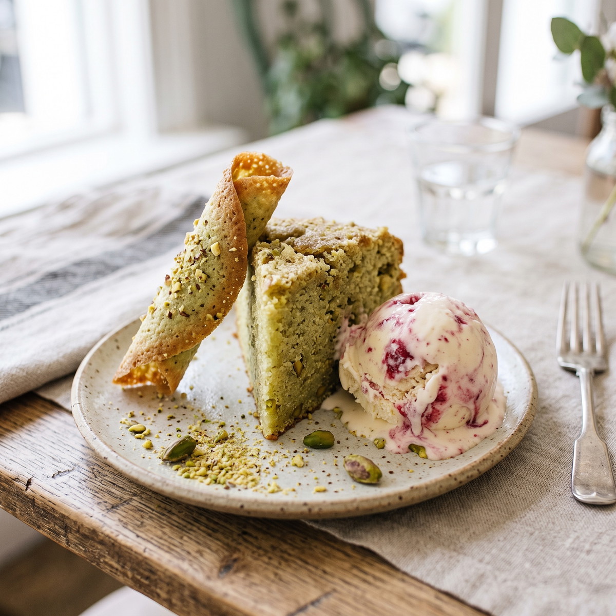 Pistachio and Olive Oil Cake with Raspberry Ripple Ice Cream