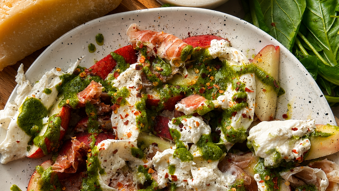 Image of Pesto Peach Burrata Salad