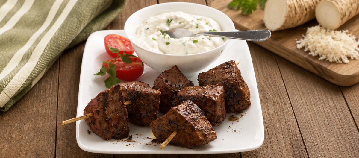 Grilled Cajun Beef Bites with Horseradish Dipping Sauce
