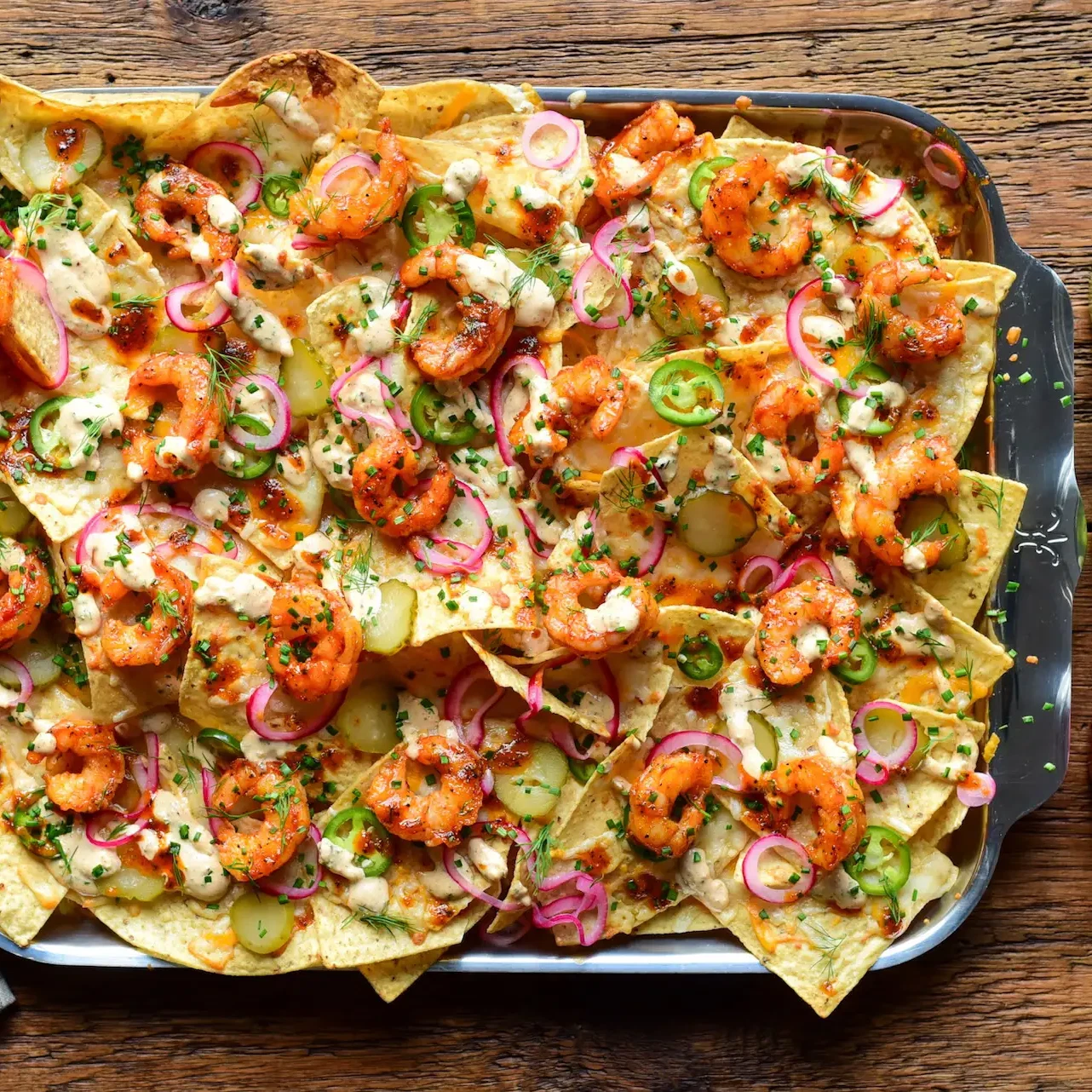 Nashville Hot Honey Shrimp Nachos with Pickle Crema – Hestan Culinary